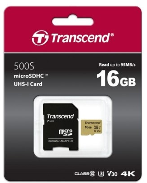 Карта памяти Transcend MicroSDHC 500S 16GB Class 10 UHS I U3 adapter