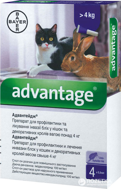 Капли Bayer Адвантейдж 80 от заражений блохами для котов и кроликов свыше 4 кг 4 пипетки (4007221027492/4007221046394)
Капли Bayer Адвантейдж 80 от заражений блохами для котов и кроликов свыше 4 кг 4 пипетки (4007221027492/4007221046394)