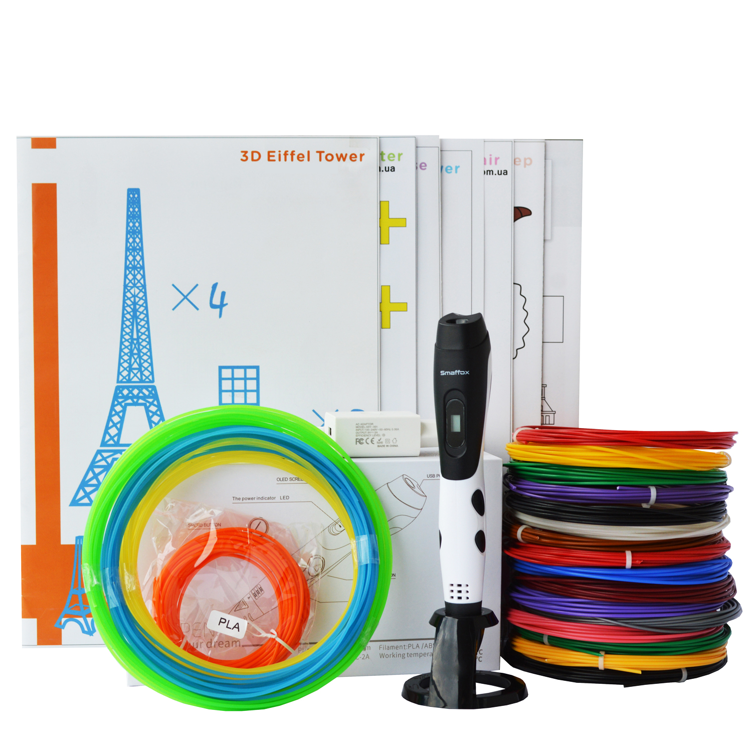 3D-ручка Air Pen Smaffox PLAY White с Набором ABS Пластика 240 метров (16 цветов), Светящийся PLA пластик 10 метров и Набор трафаретов
3D-ручка Air Pen Smaffox PLAY White с Набором ABS Пластика 240 метров (16 цветов), Светящийся PLA пластик 10 метров и Набор трафаретов