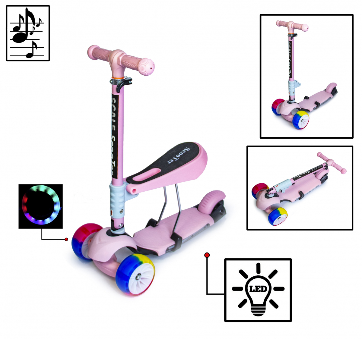 Детский самокат Scooter 3 в 1 Pink. Складная ручка. Cо светом и музыкой. Широкие колеса
Детский самокат Scooter 3 в 1 Pink. Складная ручка. Cо светом и музыкой. Широкие колеса
