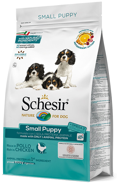 Сухой монопротеиновый корм для щенков мини и малых пород Schesir Dog Small Puppy 0,8 кг
Сухой монопротеиновый корм для щенков мини и малых пород Schesir Dog Small Puppy 0,8 кг