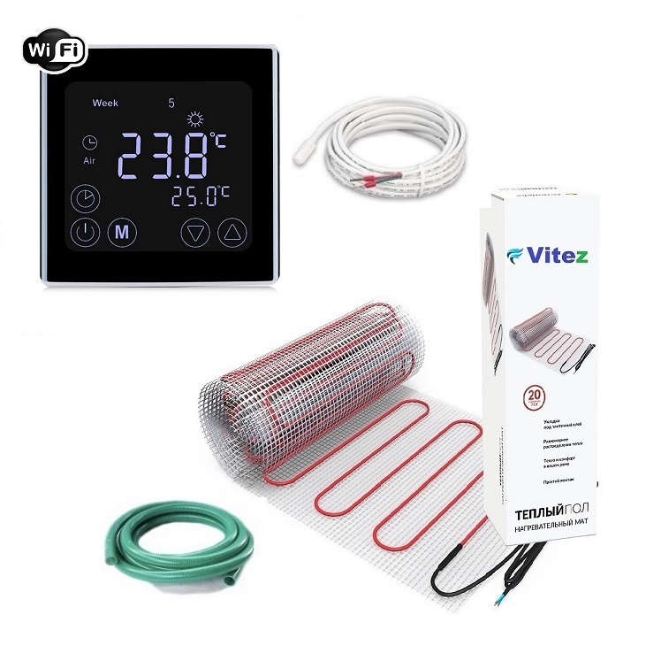 Теплый пол Vitez двухжильный мат 300 Вт 1.5 м2 в комплекте с программируемым WI-FI black терморегулятором и датчиком температуры 
Теплый пол Vitez двухжильный мат 300 Вт 1.5 м2 в комплекте с программируемым WI-FI black терморегулятором и датчиком температуры