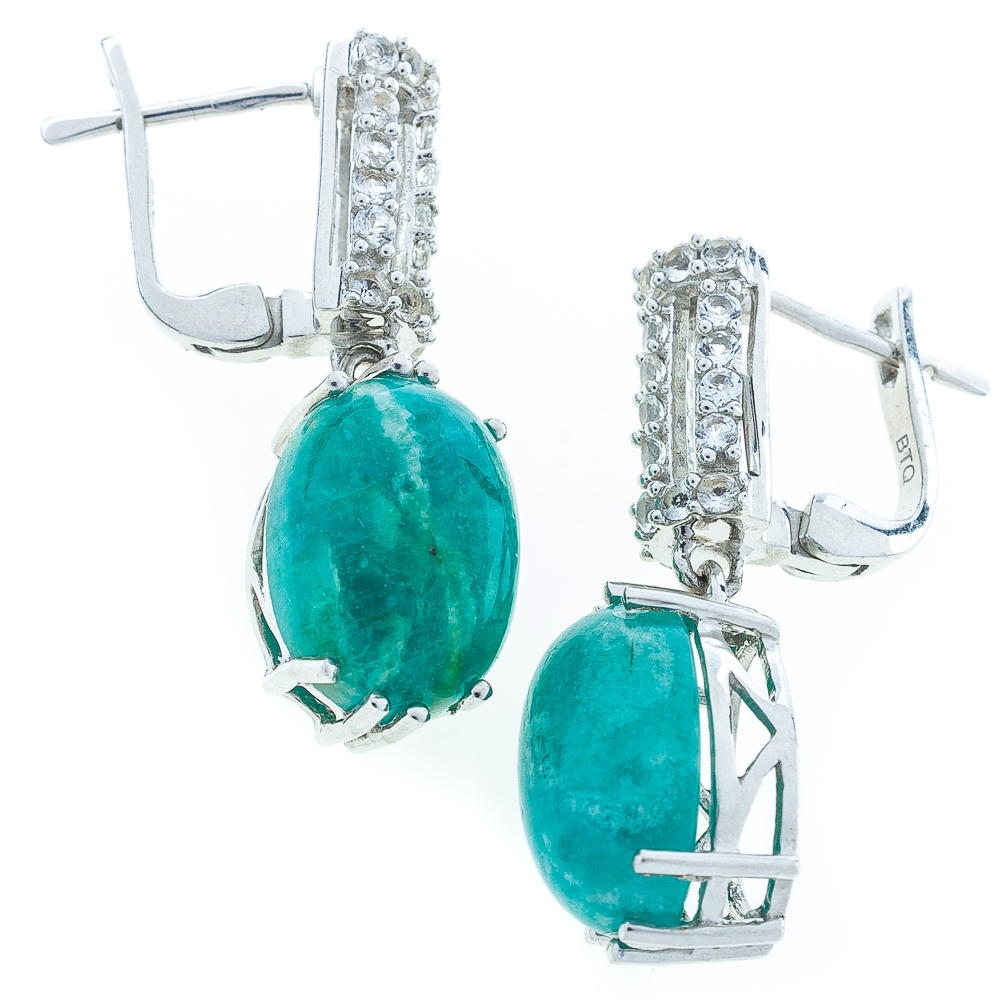 Срібні сережки 925 проби 8,23 гр з австралійським амазонітом класу AAA 12,68 карат та білими топазами Valentine 
Срібні сережки 925 проби 8,23 гр з австралійським амазонітом класу AAA 12,68 карат та білими топазами Valentine