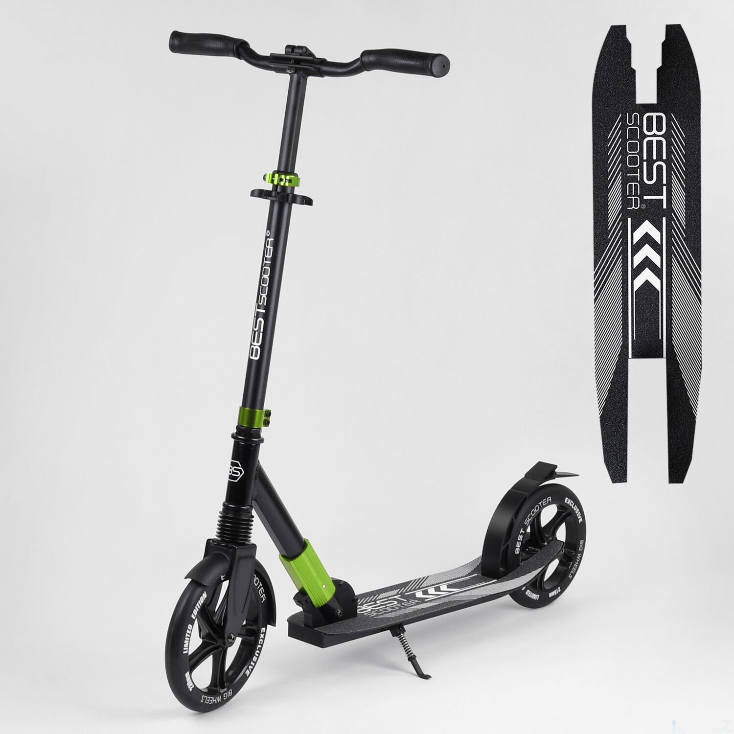 Самокат Best Scooter 72284 черно-зеленый, зажим руля, колеса PU - 23 см, заднее - 21.5 см, 1 амортизатор
Самокат Best Scooter 72284 черно-зеленый, зажим руля, колеса PU - 23 см, заднее - 21.5 см, 1 амортизатор