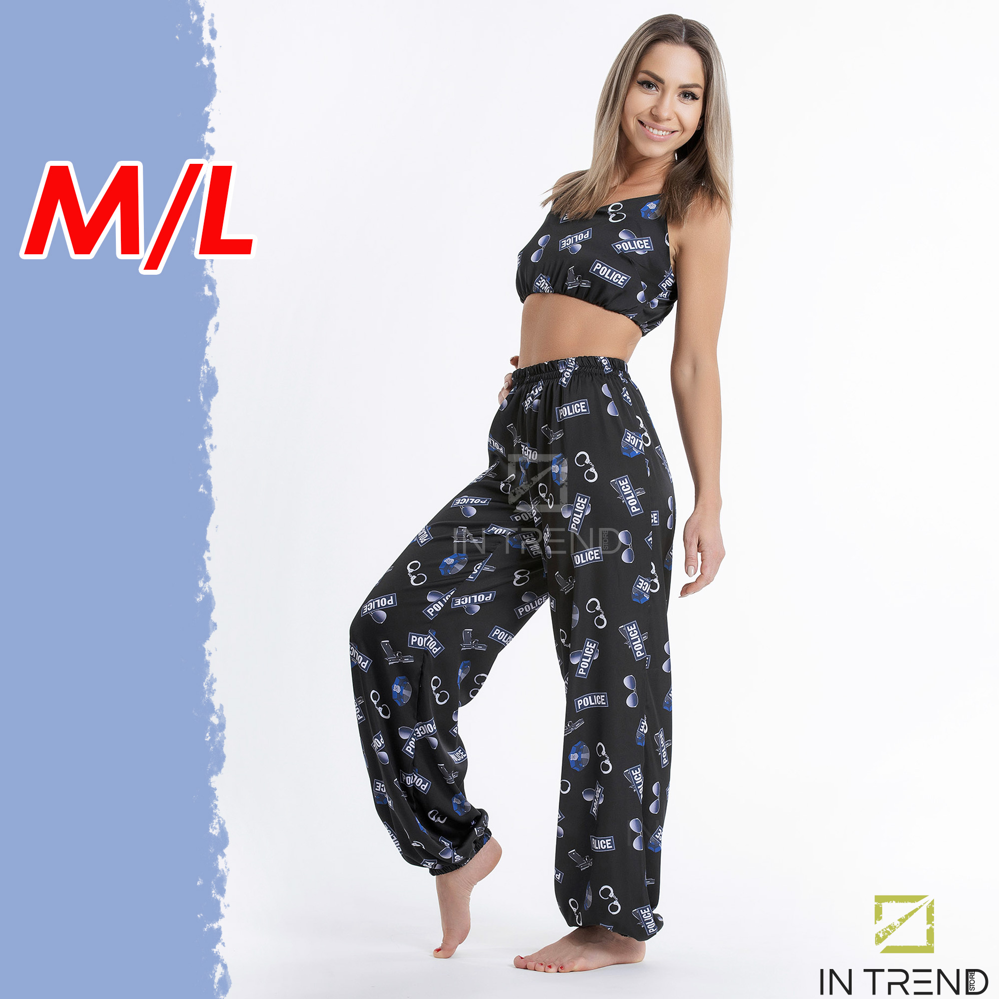 Пижама женская укороченная из шелка – топ на бретелях + штаны султанки с эксклюзивным принтом POLICE M/L свободный крой - Черный
Пижама женская укороченная из шелка – топ на бретелях + штаны султанки с эксклюзивным принтом POLICE M/L свободный крой - Черный