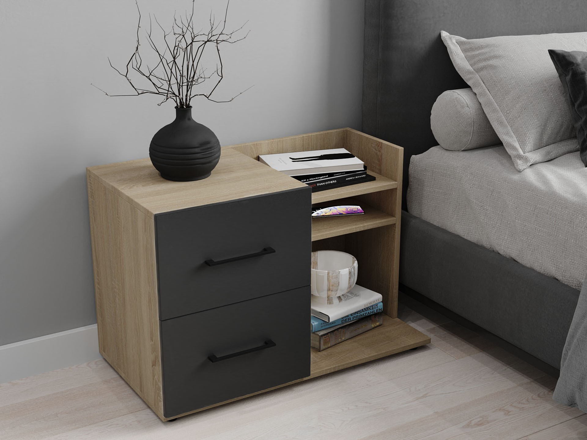 Тумба прикроватная с выдвижными ящиками и полками Moreli T2 Ш 800 мм/ В 540 мм/ Г420 мм Дуб сонома-Антрацит 
Тумба прикроватная с выдвижными ящиками и полками Moreli T2 Ш 800 мм/ В 540 мм/ Г420 мм Дуб сонома-Антрацит