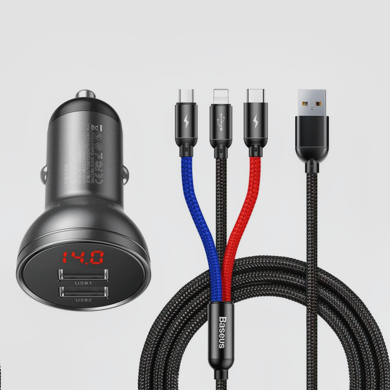 Автомобильное зарядное устройство 24 Вт Baseus Display Dual USB 4.8A с Кабелем 3-в-1 USB to Lightning/MicroUSB/USB-C Серый / Черный
Автомобильное зарядное устройство 24 Вт Baseus Display Dual USB 4.8A с Кабелем 3-в-1 USB to Lightning/MicroUSB/USB-C Серый / Черный