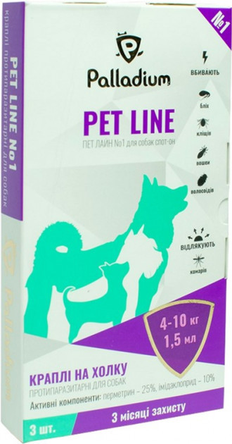 Капли на холку Palladium Pet Line №1 от паразитов для собак весом от 4 до 10 кг 1.5 мл 3 шт (4820150202255)
Капли на холку Palladium Pet Line №1 от паразитов для собак весом от 4 до 10 кг 1.5 мл 3 шт (4820150202255)