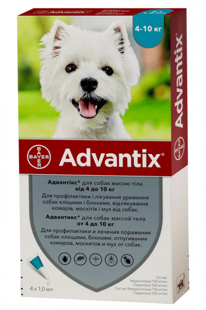 Адвантикс - средство от блох и клещей для собак 4-10 кг ADVANTIX 4 пипетки Bayer BGL-BY-47
Адвантикс - средство от блох и клещей для собак 4-10 кг ADVANTIX 4 пипетки Bayer BGL-BY-47