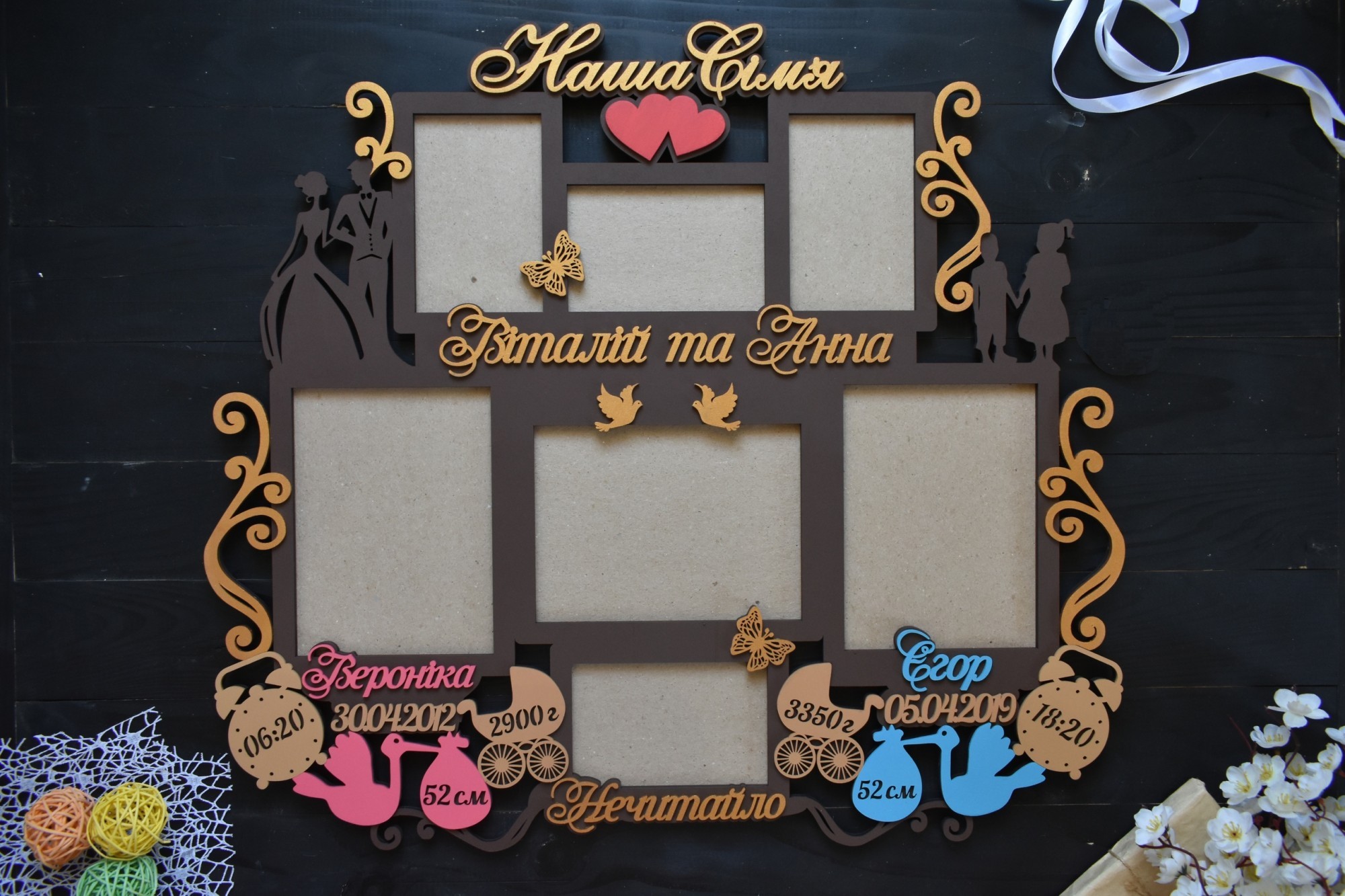 Деревянная детская фоторамка "Наша семья" с фамилией и детской метрикой на 7 фото под заказ (Метр0218)
Деревянная детская фоторамка "Наша семья" с фамилией и детской метрикой на 7 фото под заказ (Метр0218)