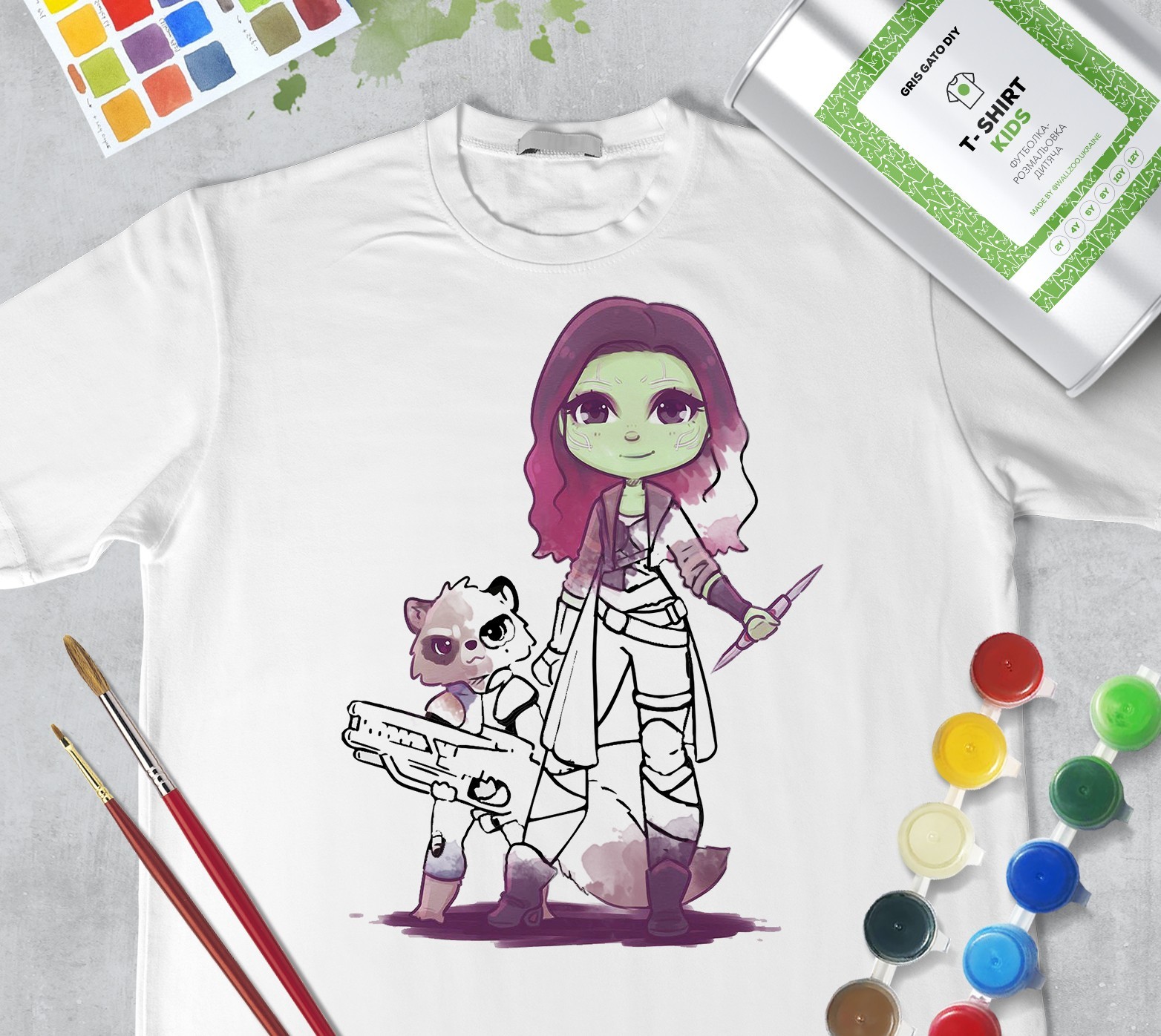 Набор для рисования для мальчиков "Гамора и Реактивный енот" Gamora and Rocket Raccoon" Футболка-раскраска белая (+краски и 2 кисточки) WallZoo 94см 2 годика
Набор для рисования для мальчиков "Гамора и Реактивный енот" Gamora and Rocket Raccoon" Футболка-раскраска белая (+краски и 2 кисточки) WallZoo 94см 2 годика