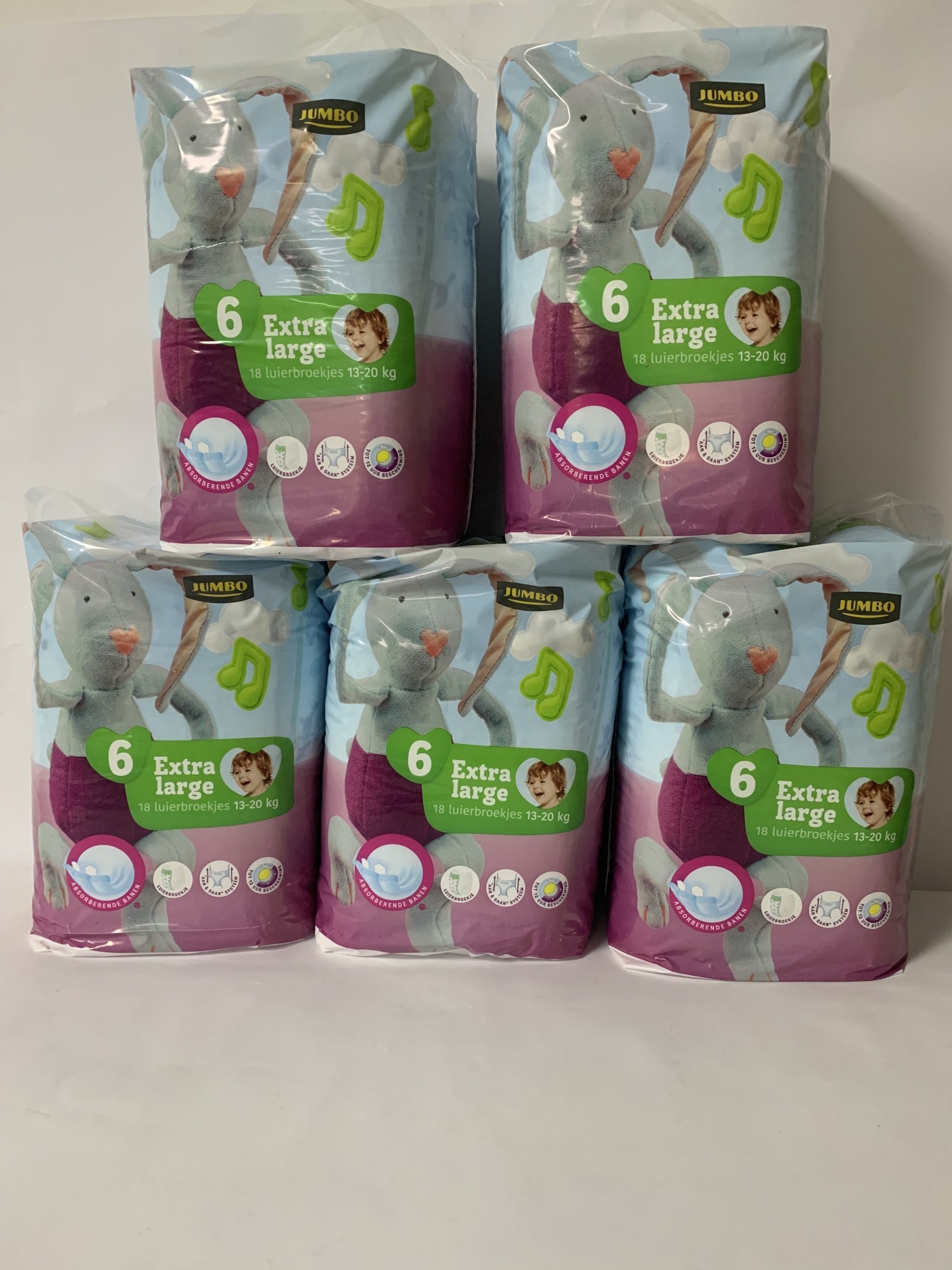 Набір з 5 пачок по 18 штук підгузників-трусиків Jumbo 6 розмір 13-20 кг, (90 штуки)
Набір з 5 пачок по 18 штук підгузників-трусиків Jumbo 6 розмір 13-20 кг, (90 штуки)