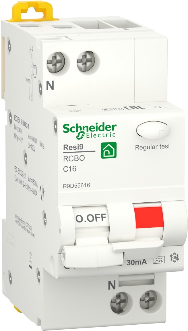 Диференціальний автоматичний вимикач Schneider Electric RESI9 16 А, 30 мА, 1P + N, 6 кА, крива С, тип А
Диференціальний автоматичний вимикач Schneider Electric RESI9 16 А, 30 мА, 1P + N, 6 кА, крива С, тип А
