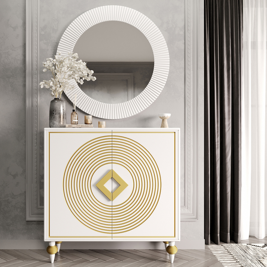 Тумба с зеркалом Fenster Бонни Белая/Золотая 
Тумба с зеркалом Fenster Бонни Белая/Золотая