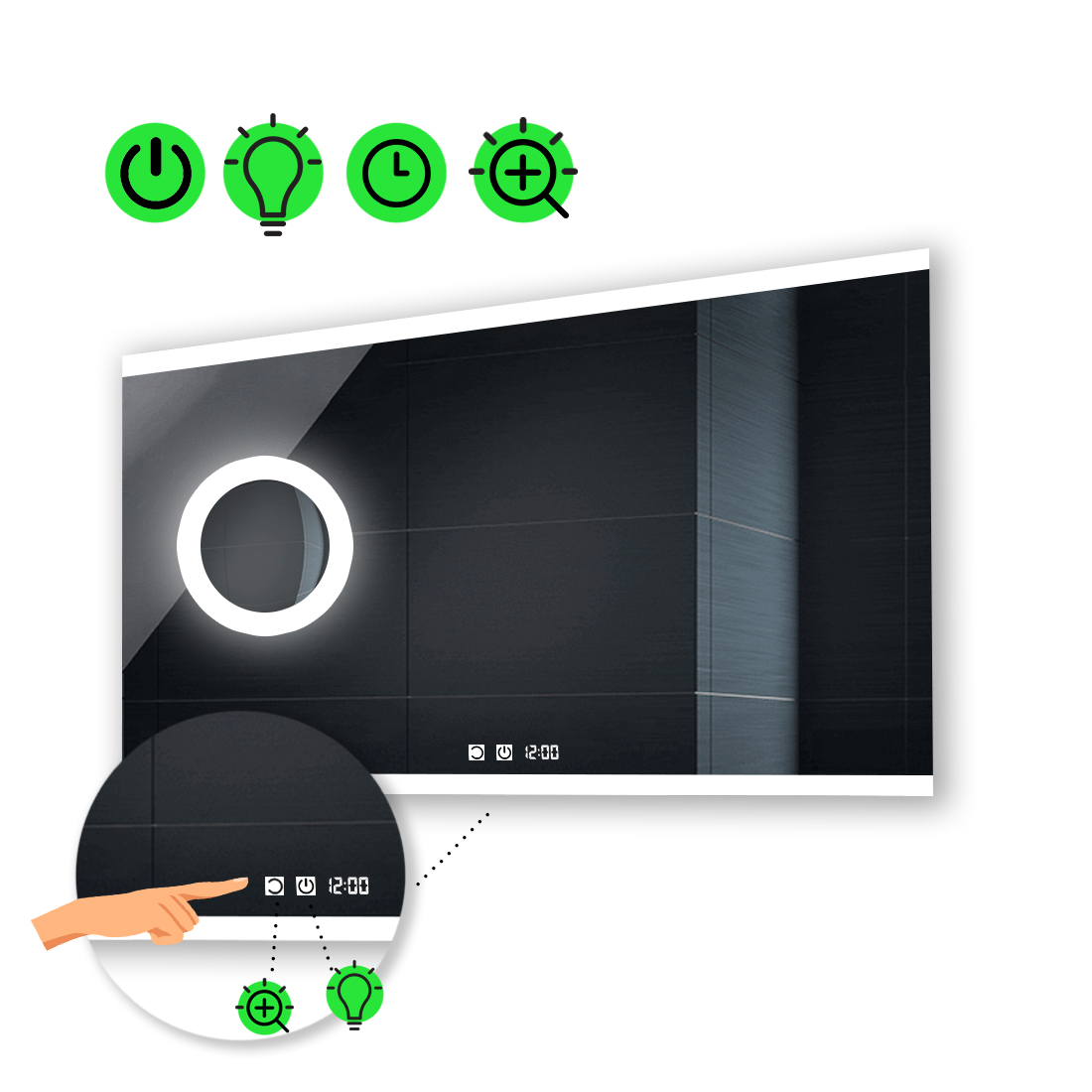 LED-зеркало 100x90см, с двумя сенсорами, часами и линзой с подсветкой, модель Ines
LED-зеркало 100x90см, с двумя сенсорами, часами и линзой с подсветкой, модель Ines