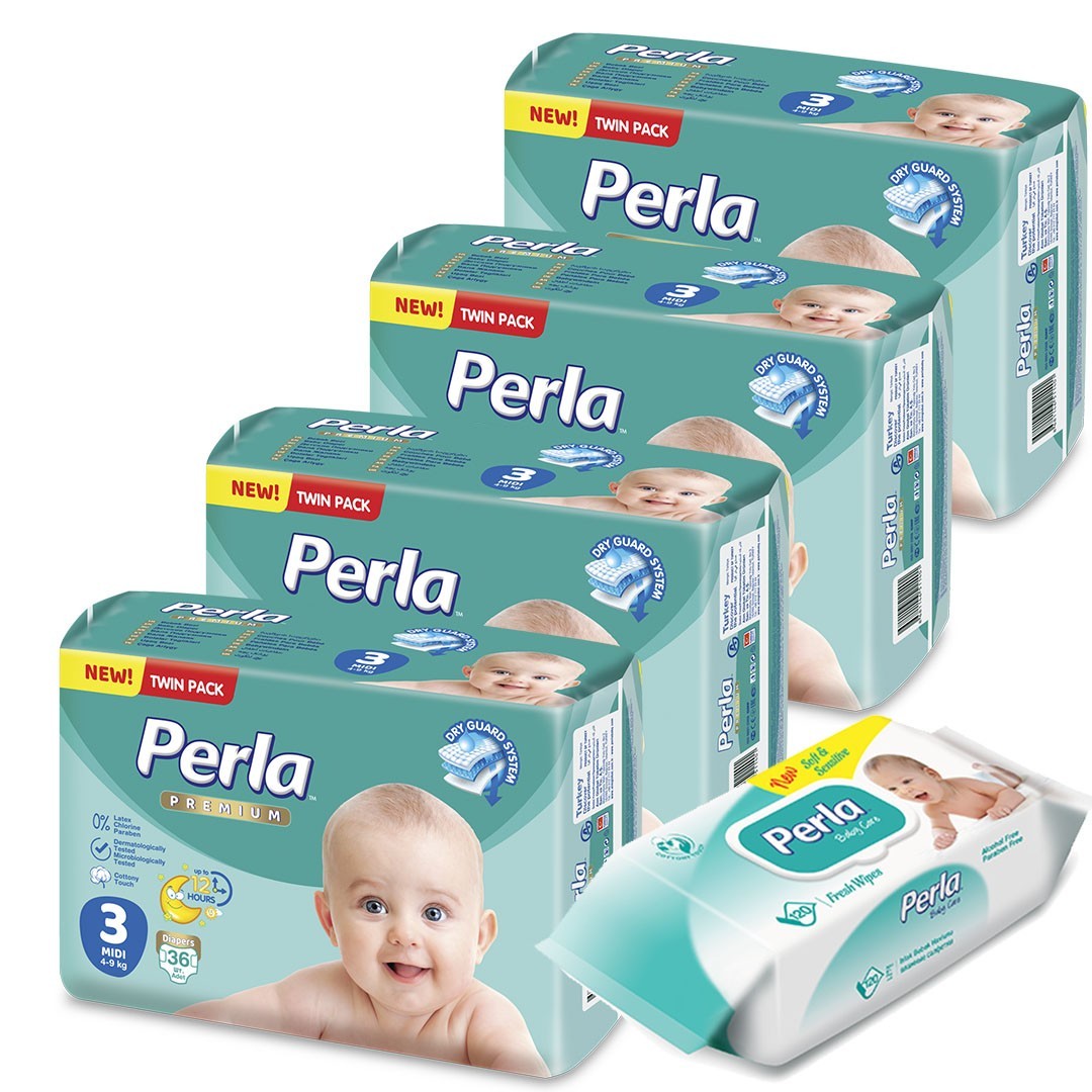 Подгузники для детей Perla Premium Midi размер 3 (4-9кг) 144шт + 120шт влажных салфеток
Подгузники для детей Perla Premium Midi размер 3 (4-9кг) 144шт + 120шт влажных салфеток