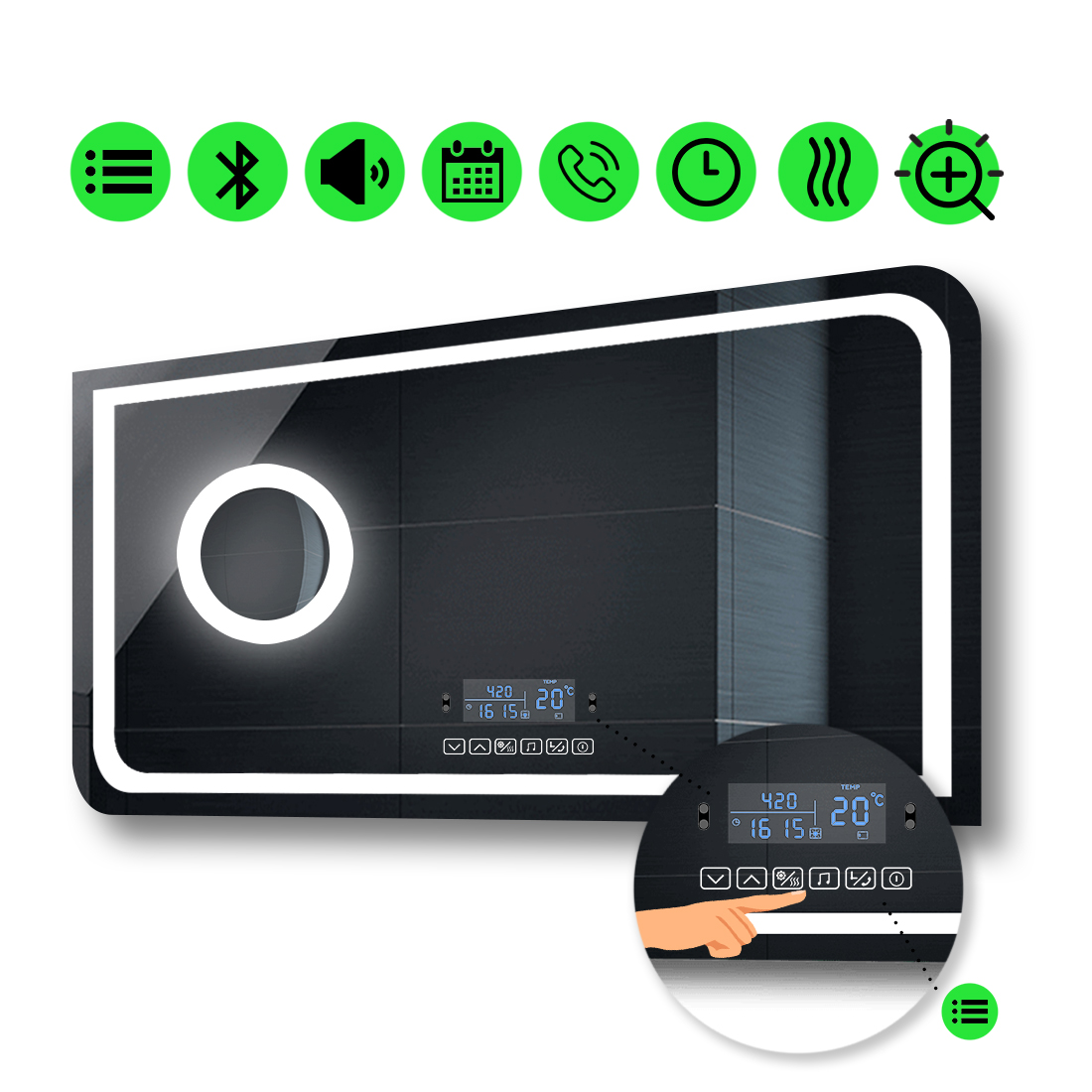 LED-зеркало 90x70см, с Smart-блоком, линзой с подсветкой и подогревом, модель Noemi
LED-зеркало 90x70см, с Smart-блоком, линзой с подсветкой и подогревом, модель Noemi