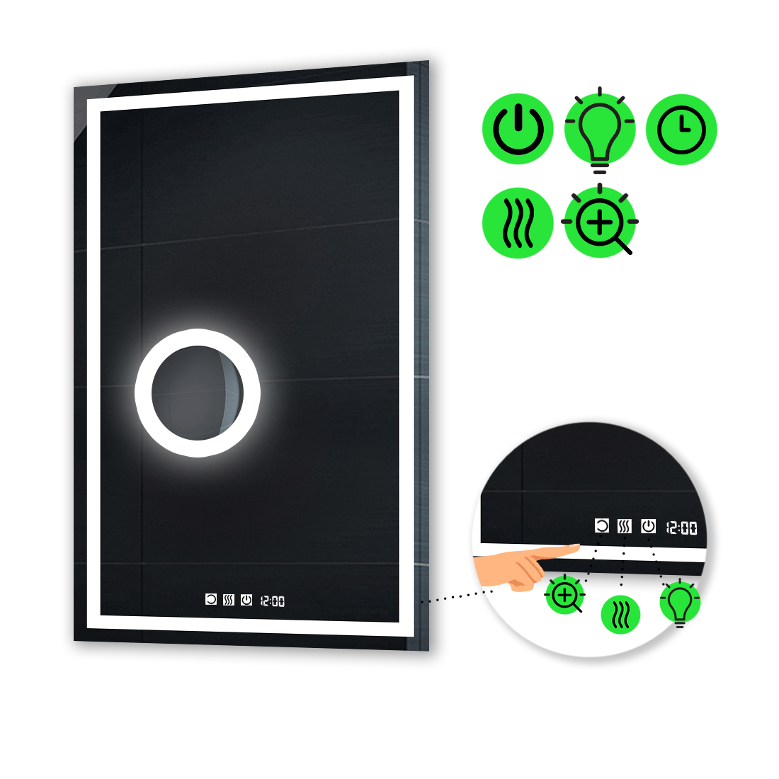 LED-зеркало 100x120см, с тремя сенсорами, часами, подогревом и линзой с подсветкой, модель Karnet.
LED-зеркало 100x120см, с тремя сенсорами, часами, подогревом и линзой с подсветкой, модель Karnet.