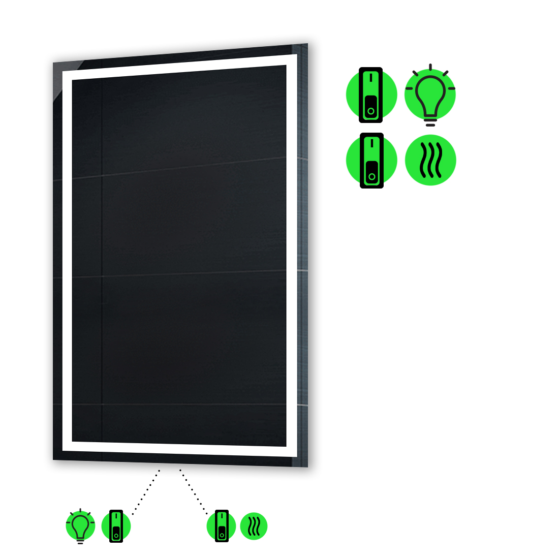 LED-зеркало 80x90см, с подогревом и двумя механическими включателями, модель Karnet
LED-зеркало 80x90см, с подогревом и двумя механическими включателями, модель Karnet