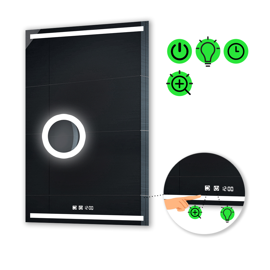 LED-зеркало 80x90см, с двумя сенсорами, часами и линзой с подсветкой, модель Adelita
LED-зеркало 80x90см, с двумя сенсорами, часами и линзой с подсветкой, модель Adelita