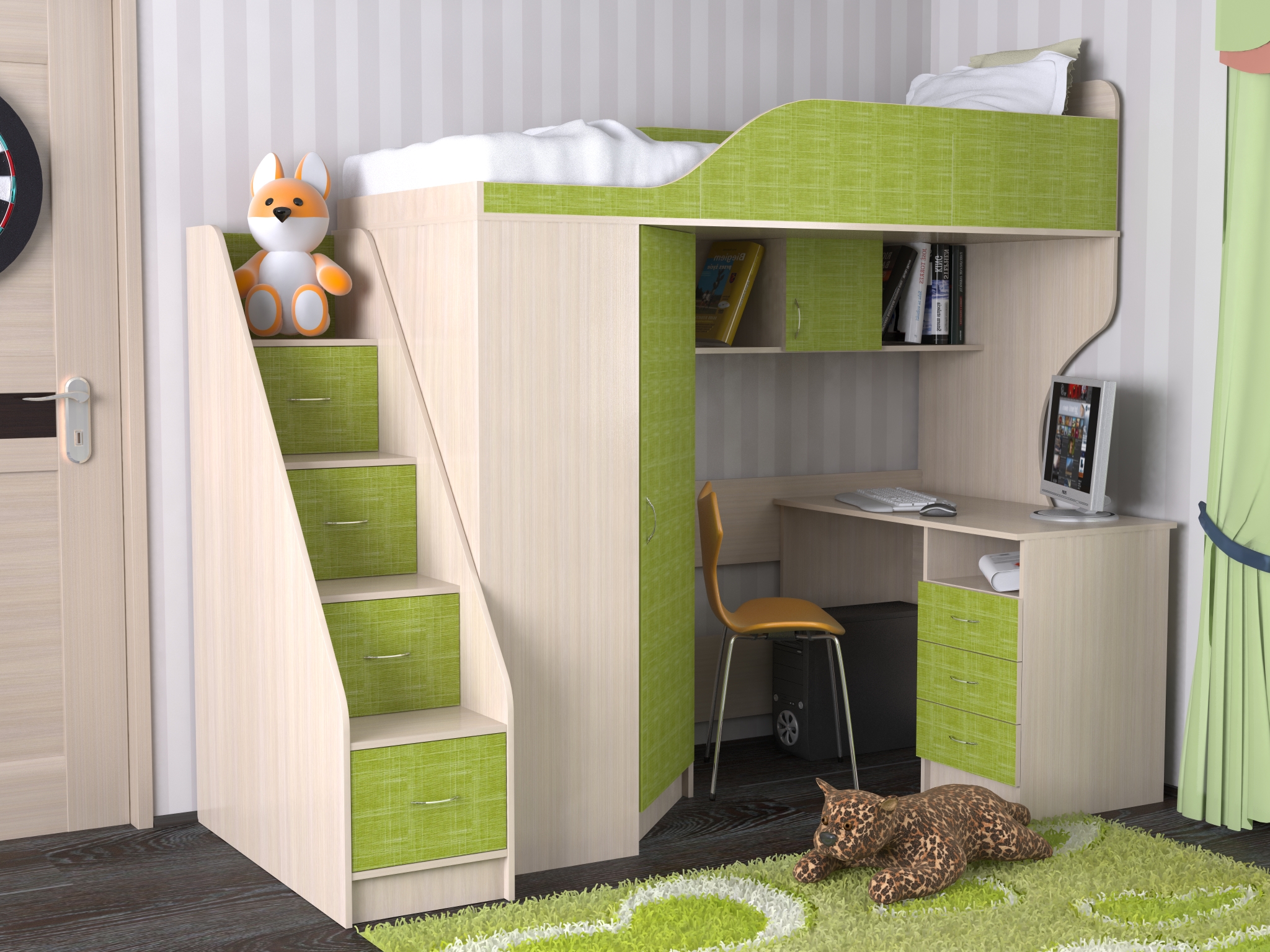 Кровать-чердак с рабочей зоной KidsBunkBed K-0216 дуб молочный лайм 234x100x192 см
Кровать-чердак с рабочей зоной KidsBunkBed K-0216 дуб молочный лайм 234x100x192 см