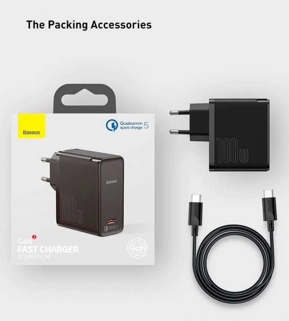 Зарядное устройство Baseus Quick Charge 5.0 GaN2 100W |Type-C, 5A|+кабель USB-C 100W black
Зарядное устройство Baseus Quick Charge 5.0 GaN2 100W |Type-C, 5A|+кабель USB-C 100W black