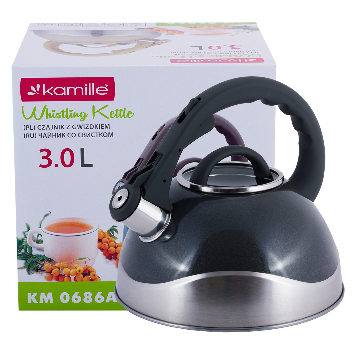 Чайник 3 л из нержавеющей стали со свистком и стеклянной крышкой Kamille KM-0686A
Чайник 3 л из нержавеющей стали со свистком и стеклянной крышкой Kamille KM-0686A