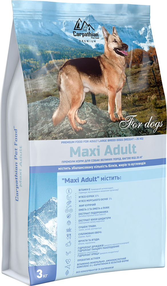 Сухой корм Carpathian Pet Food Maxi Adult с курицей и морским окунем для взрослых собак крупных пород весом от 25 кг 3 кг
Сухой корм Carpathian Pet Food Maxi Adult с курицей и морским окунем для взрослых собак крупных пород весом от 25 кг 3 кг