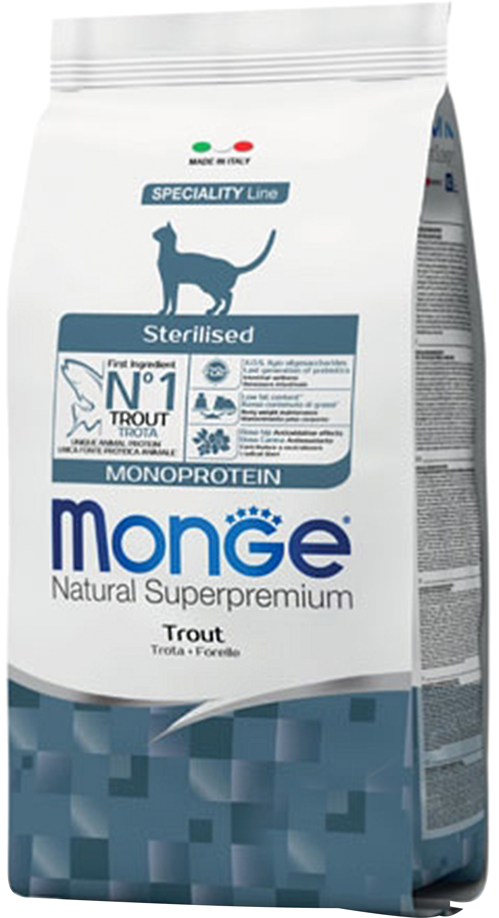 Сухой корм для стерилизованных взрослых котов всех пород Monge Cat Sterilized с форелью 10 кг
Сухой корм для стерилизованных взрослых котов всех пород Monge Cat Sterilized с форелью 10 кг