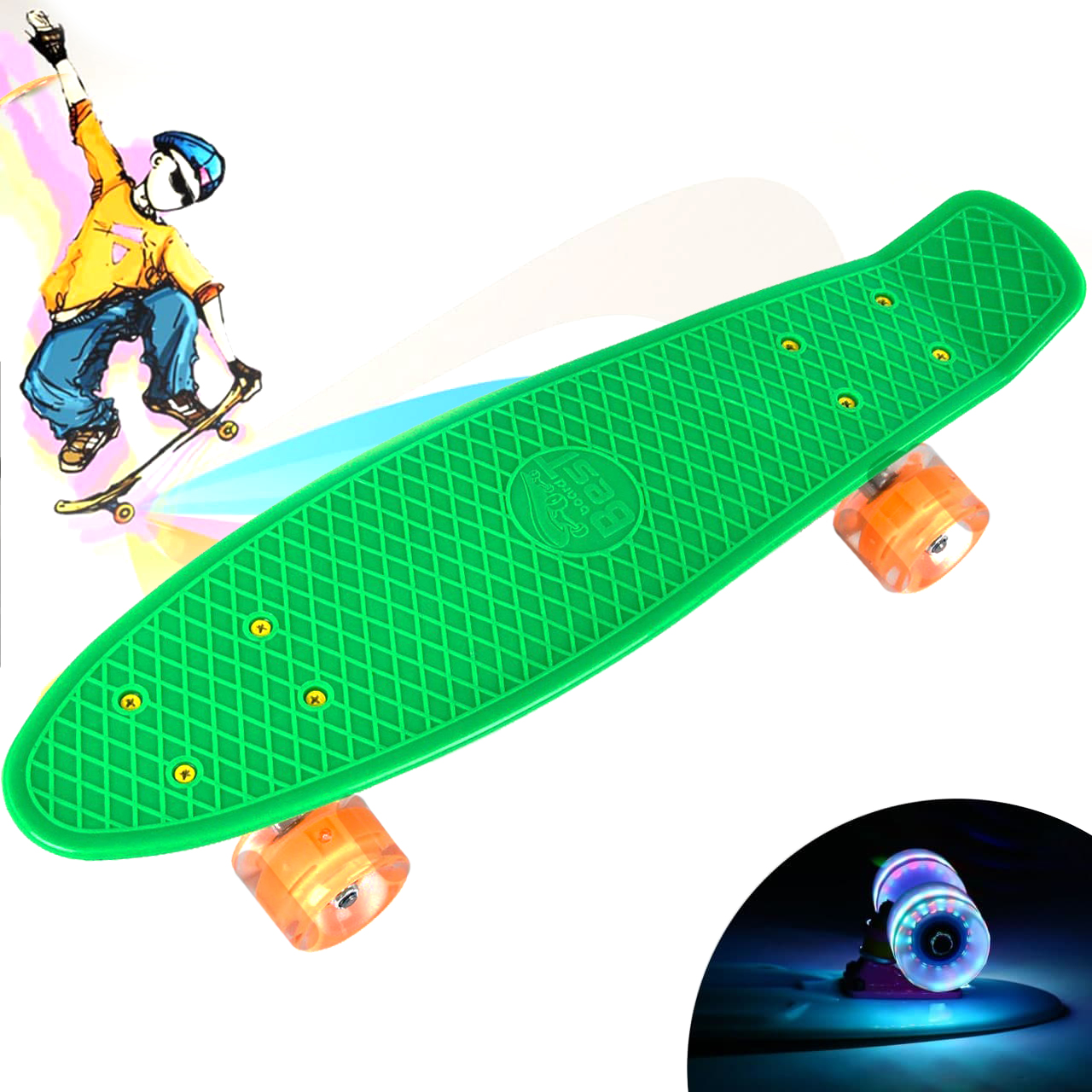 Скейт Пенни Борд Best Board со светящимися PU колесами и антискользящей поверхностью, D-55 cм Green
Скейт Пенни Борд Best Board со светящимися PU колесами и антискользящей поверхностью, D-55 cм Green