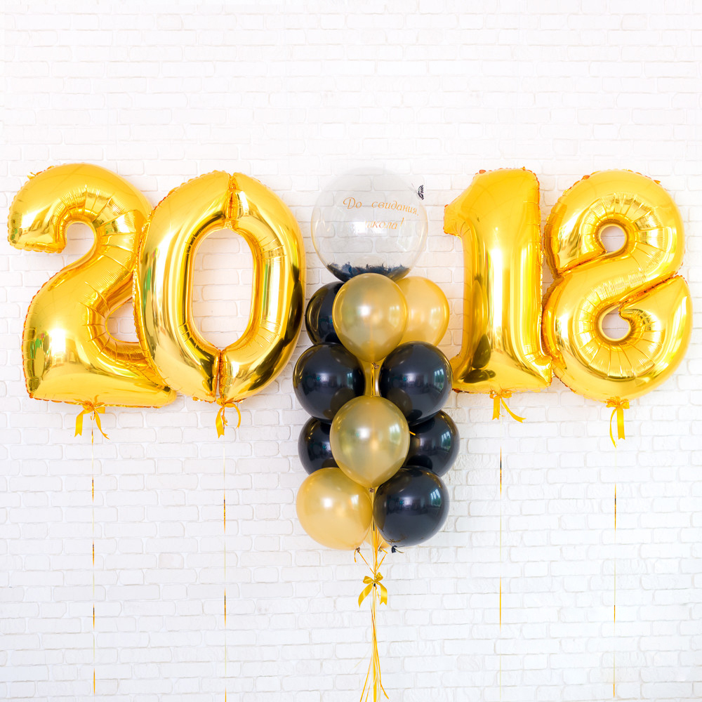 Композиция: золотые цифры 2018 и связка из 6 золотых и 6 черных шаров и прозрачного шара Bubble c черными
Композиция: золотые цифры 2018 и связка из 6 золотых и 6 черных шаров и прозрачного шара Bubble c черными