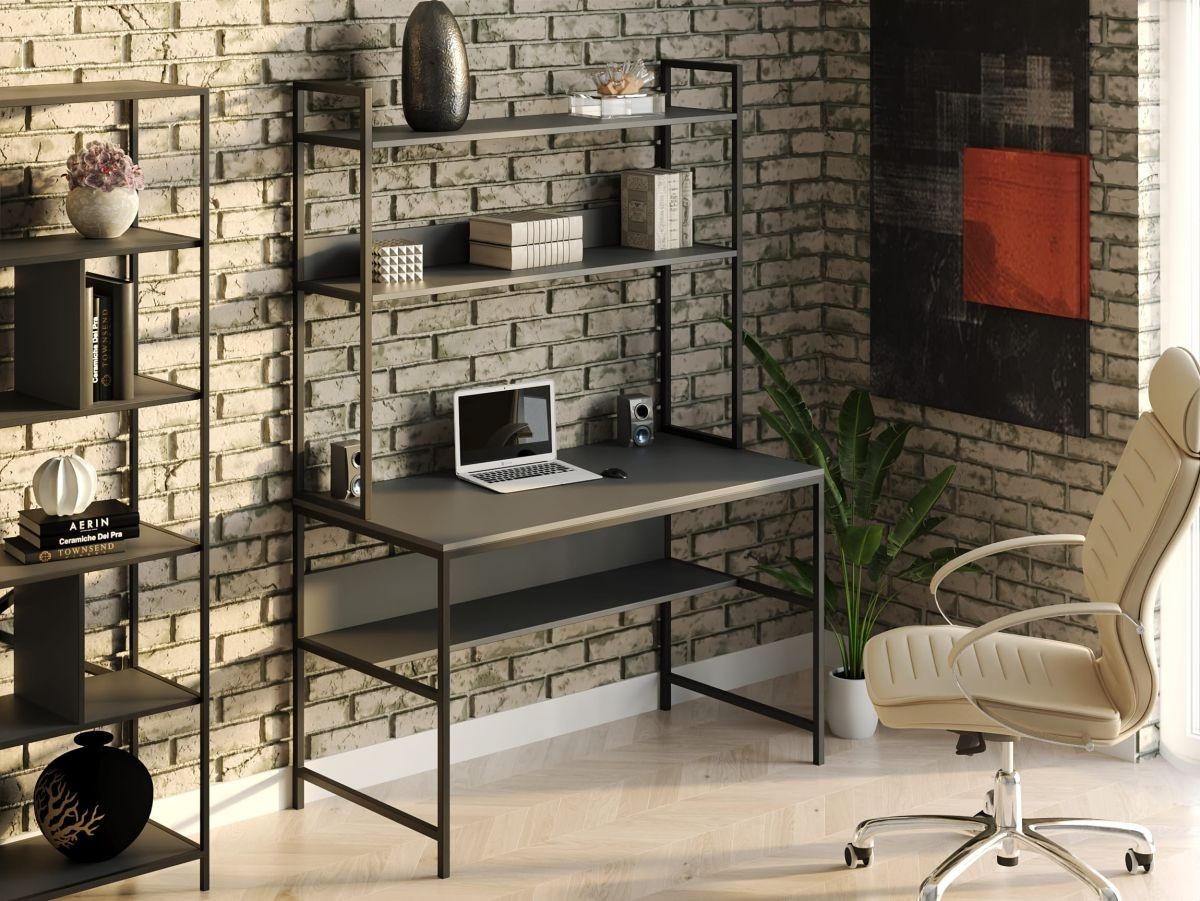 Стол компьютерный письменный с металлическим каркасом в стиле Лофт (Loft) DrevoGoods усиленный, прямой, рабочий для дома и офиса 1200х750х600мм; металл: Черный; дерево: Антрацит + стеллаж с полками
Стол компьютерный письменный с металлическим каркасом в стиле Лофт (Loft) DrevoGoods усиленный, прямой, рабочий для дома и офиса 1200х750х600мм; металл: Черный; дерево: Антрацит + стеллаж с полками