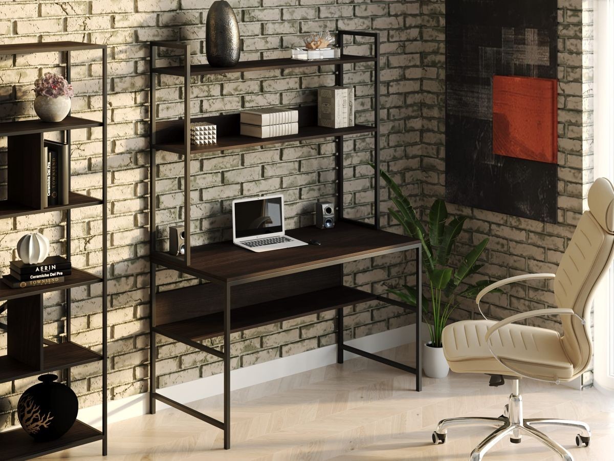 Стол компьютерный письменный с металлическим каркасом в стиле Лофт (Loft) DrevoGoods усиленный, прямой, рабочий для дома и офиса 1000х750х600мм; металл: Черный; дерево: Венге + стеллаж с полками
Стол компьютерный письменный с металлическим каркасом в стиле Лофт (Loft) DrevoGoods усиленный, прямой, рабочий для дома и офиса 1000х750х600мм; металл: Черный; дерево: Венге + стеллаж с полками