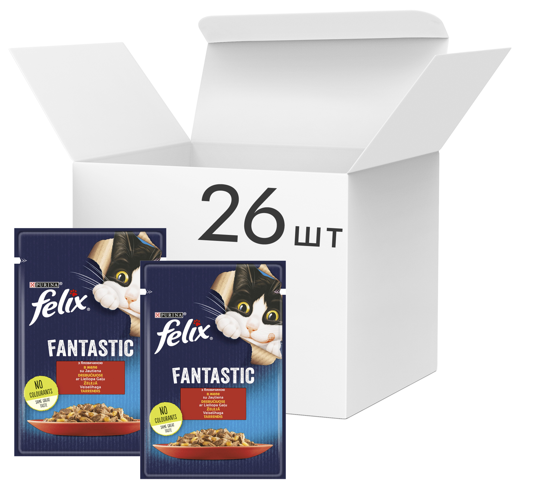Упаковка влажного корма для котов Purina Felix Fantastic с говядиной в желе 26 шт по 85 г (7613039838631)
Упаковка влажного корма для котов Purina Felix Fantastic с говядиной в желе 26 шт по 85 г (7613039838631)