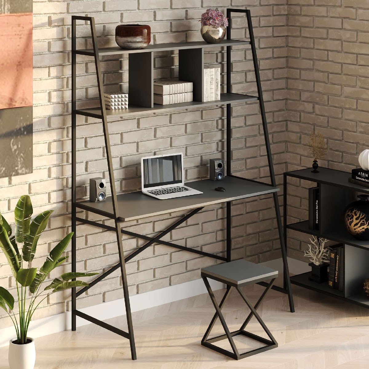 Стол компьютерный письменный с металлическим каркасом в стиле Лофт (Loft) DrevoGoods усиленный, прямой, рабочий для дома и офиса 1000х1800х600мм; металл: Черный; дерево: Антрацит + стеллаж с полками + табурет
Стол компьютерный письменный с металлическим каркасом в стиле Лофт (Loft) DrevoGoods усиленный, прямой, рабочий для дома и офиса 1000х1800х600мм; металл: Черный; дерево: Антрацит + стеллаж с полками + табурет