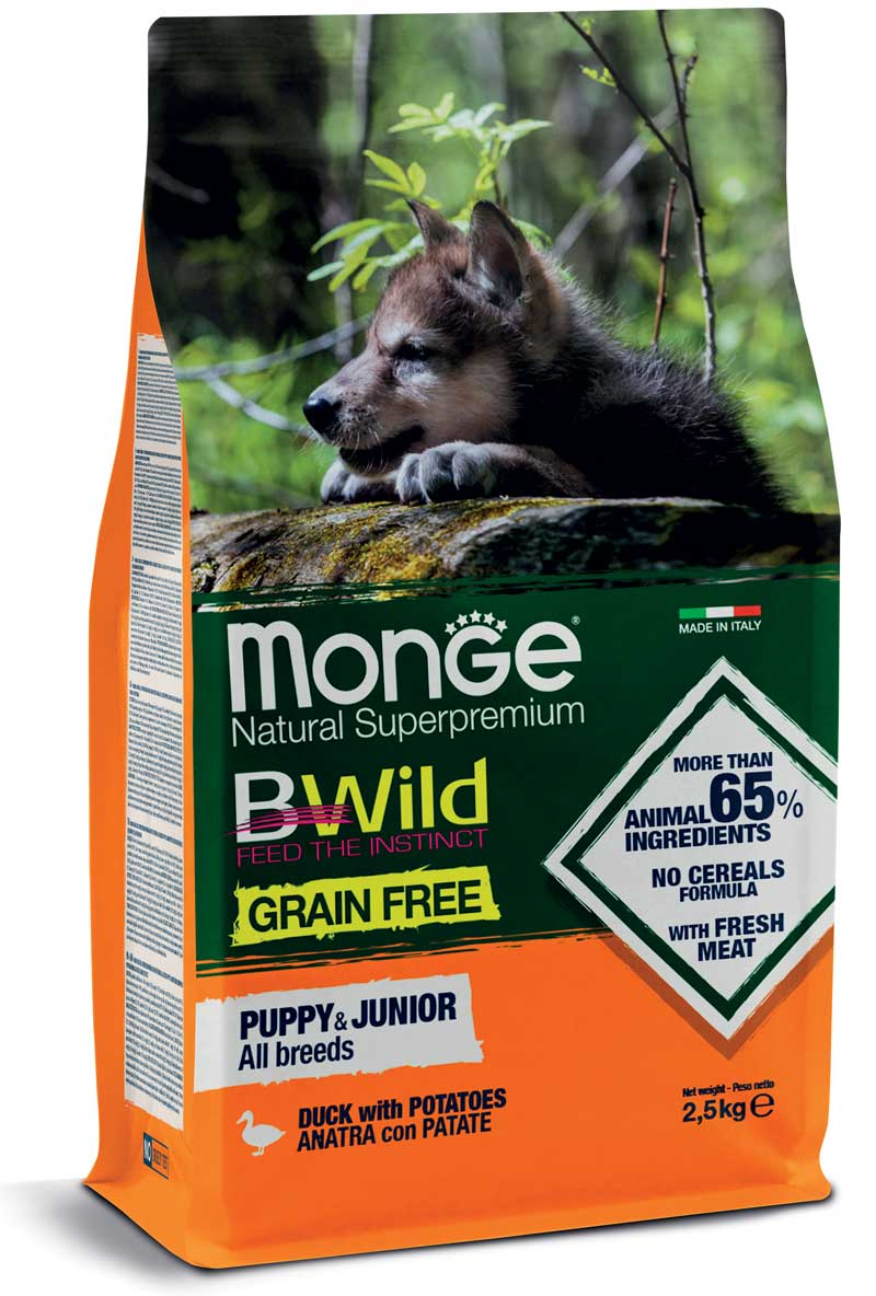 Беззерновой сухой корм Monge Dog Bwild Gr.Free Anatra Puppy & Junior для щенков всех пород собак с уткой 2.5 кг 
Беззерновой сухой корм Monge Dog Bwild Gr.Free Anatra Puppy & Junior для щенков всех пород собак с уткой 2.5 кг