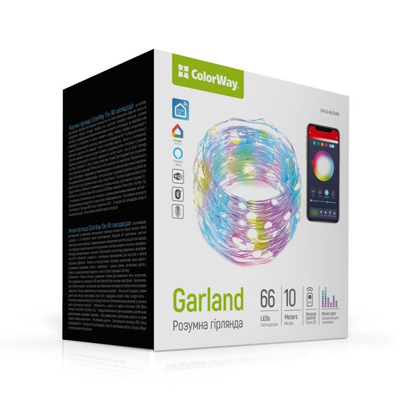 Smart LED RGB гирлянда ColorWay (CW-GS-66L10UMC) 66LED, 10м, WiFi, Bluetooth, синхронизация освещения с музыкой
Smart LED RGB гирлянда ColorWay (CW-GS-66L10UMC) 66LED, 10м, WiFi, Bluetooth, синхронизация освещения с музыкой