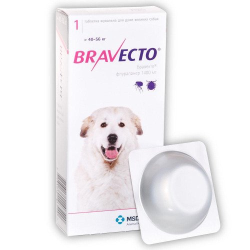 Жевательная таблетка Bravecto от блох и клещей для собак гигантских пород от 40 до 56 кг, 1400 мг
Жевательная таблетка Bravecto от блох и клещей для собак гигантских пород от 40 до 56 кг, 1400 мг