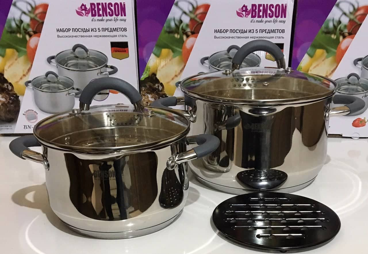 Набор нержавеющих кастрюль. 7 предметов (4л; 5,1л; 6,5л) + подставка - Benson BN-241
Набор нержавеющих кастрюль. 7 предметов (4л; 5,1л; 6,5л) + подставка - Benson BN-241