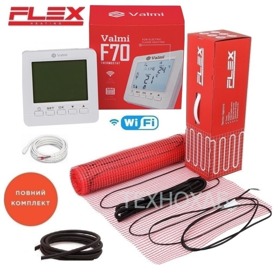 Кабельный мат Flex EHM 6м²/ 1050Вт/ 175Вт/м² теплый пол электрический под плитку с программируемым терморегулятором Valmi F70 Wi-Fi
Кабельный мат Flex EHM 6м²/ 1050Вт/ 175Вт/м² теплый пол электрический под плитку с программируемым терморегулятором Valmi F70 Wi-Fi