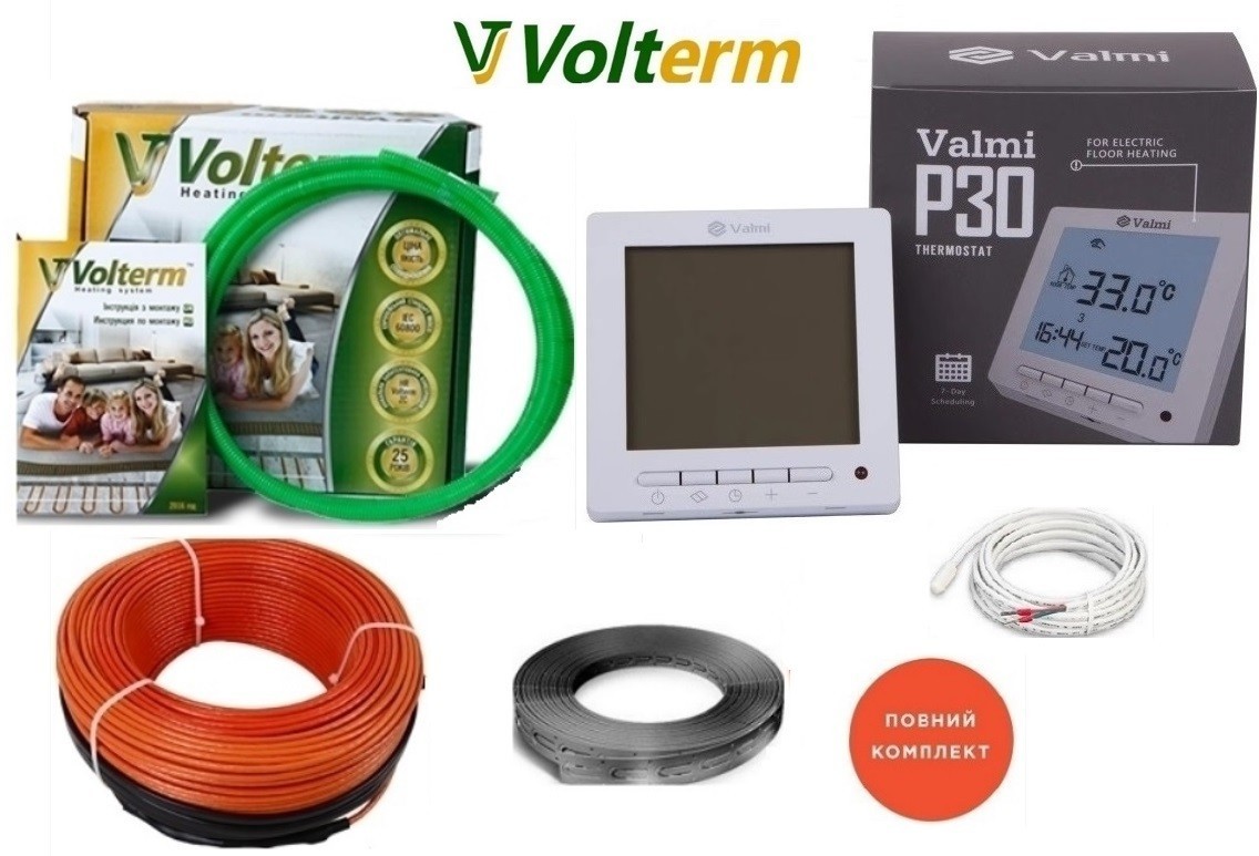 Электрический теплый пол Volterm 1,2м²-1,5м²/ 210Вт (12м) тонкий греющий кабель под плитку 18 Вт/м с программируемым терморегулятором Valmi P30
Электрический теплый пол Volterm 1,2м²-1,5м²/ 210Вт (12м) тонкий греющий кабель под плитку 18 Вт/м с программируемым терморегулятором Valmi P30