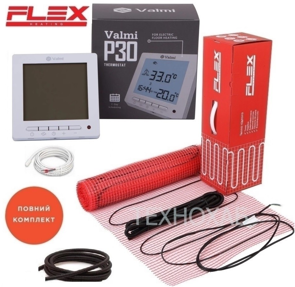 Электрический теплый пол Flex EHM 8м²/ 1400Вт/ 175Вт/м² тонкий нагревательный мат под плитку с программируемым терморегулятором Valmi P30
Электрический теплый пол Flex EHM 8м²/ 1400Вт/ 175Вт/м² тонкий нагревательный мат под плитку с программируемым терморегулятором Valmi P30