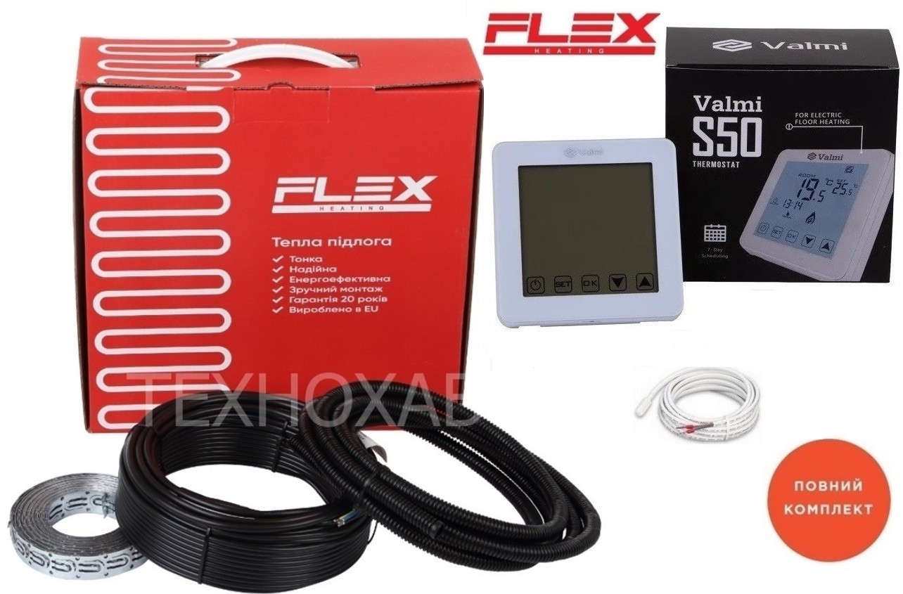 Теплый пол Flex 6м²-7,2м²/ 1050Вт (60м) тонкий кабель двужильный нагревательный под плитку 17,5 Вт/м с сенсорным программируемым терморегулятором Valmi S50
Теплый пол Flex 6м²-7,2м²/ 1050Вт (60м) тонкий кабель двужильный нагревательный под плитку 17,5 Вт/м с сенсорным программируемым терморегулятором Valmi S50