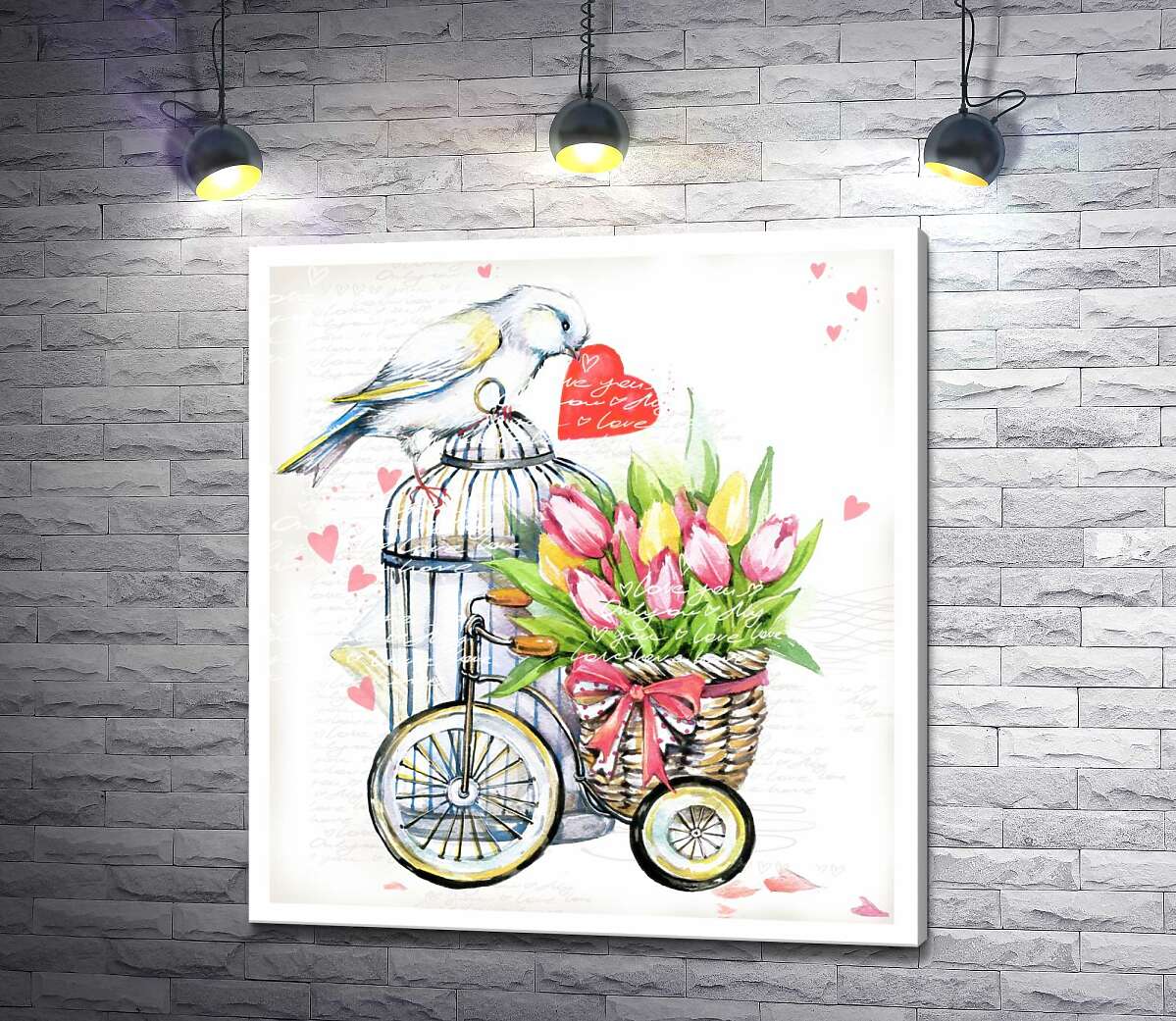 Картина ArtPoster Белая птица держит сердце в клюве рядом с корзиной весенних тюльпанов на велосипеде 100x109 см Модуль №1
Картина ArtPoster Белая птица держит сердце в клюве рядом с корзиной весенних тюльпанов на велосипеде 100x109 см Модуль №1