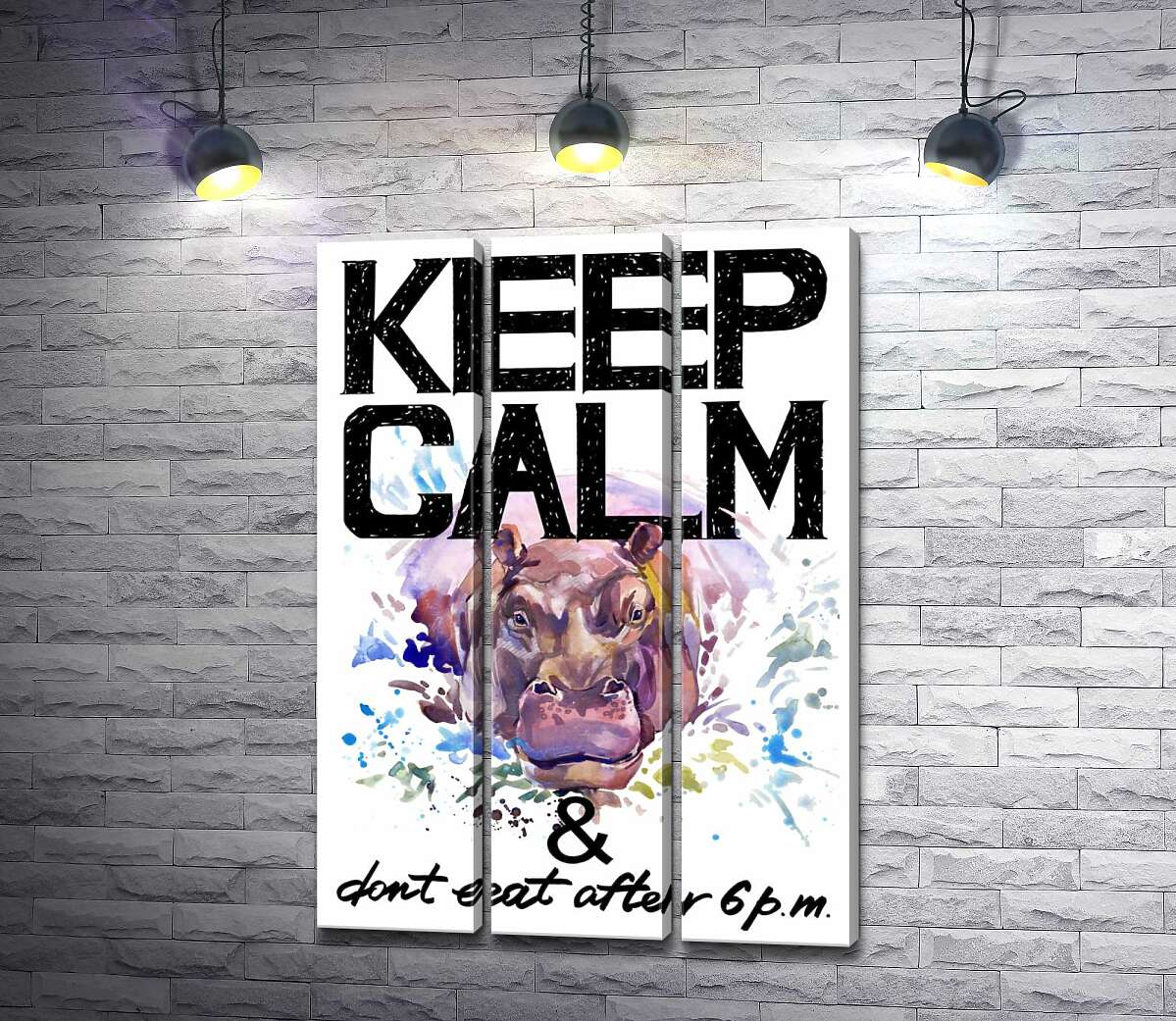 Модульная картина ArtPoster Бегемот выглядывает из воды между надписью "keep calm and don't eat after 6 p.m." 132x190 см Модуль №11
Модульная картина ArtPoster Бегемот выглядывает из воды между надписью "keep calm and don't eat after 6 p.m." 132x190 см Модуль №11