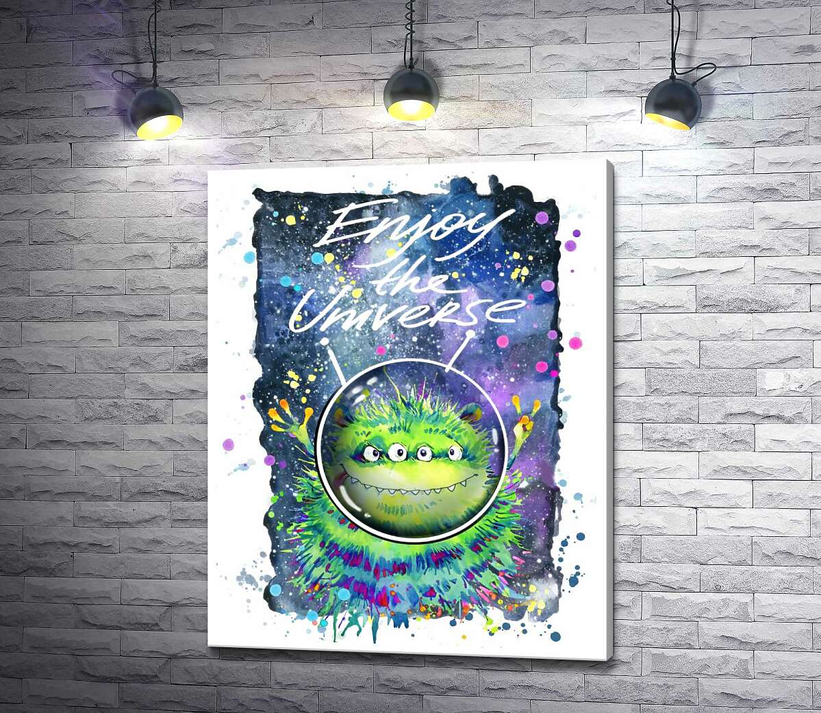 Картина ArtPoster Четырехглазый зеленый монстр летает в космосе возле надписи "Enjoy the Universe" 100x128 см Модуль №1 
Картина ArtPoster Четырехглазый зеленый монстр летает в космосе возле надписи "Enjoy the Universe" 100x128 см Модуль №1