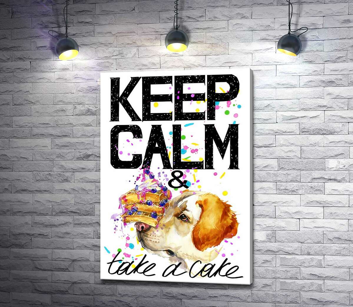 Картина ArtPoster Собака с тортом на носу среди надписи " keep calm and take a cake " 100x146 см Модуль №1
Картина ArtPoster Собака с тортом на носу среди надписи " keep calm and take a cake " 100x146 см Модуль №1