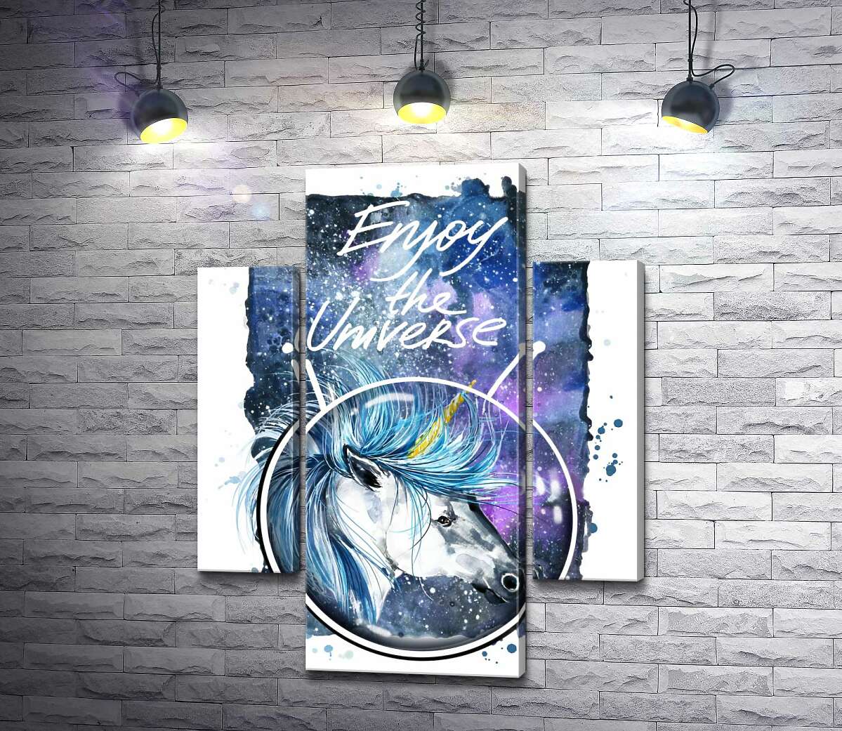 Модульная картина ArtPoster Голубая грива единорога развевается в космическом пространстве рядом с надписью "Enjoy the Universe" 80x104 см Модуль №7
Модульная картина ArtPoster Голубая грива единорога развевается в космическом пространстве рядом с надписью "Enjoy the Universe" 80x104 см Модуль №7