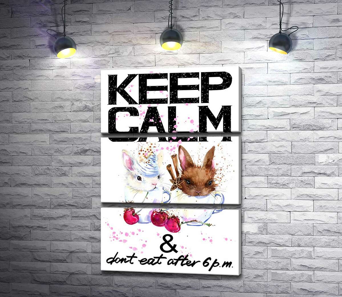 Модульная картина ArtPoster Зайцы в чашках с кофе между надписью "keep calm and don't eat after 6 p.m." 130x192 см Модуль №13
Модульная картина ArtPoster Зайцы в чашках с кофе между надписью "keep calm and don't eat after 6 p.m." 130x192 см Модуль №13