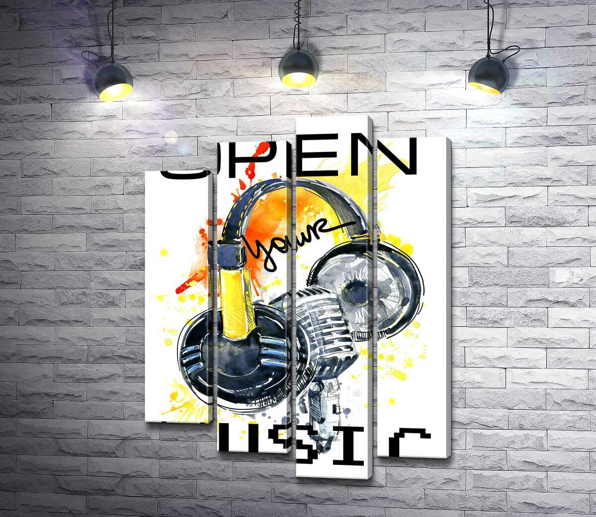 Модульная картина ArtPoster Наушники и микрофон на оранжевом фоне с надписью "open your music" 80x111 см Модуль №21
Модульная картина ArtPoster Наушники и микрофон на оранжевом фоне с надписью "open your music" 80x111 см Модуль №21